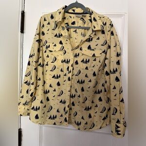 LL Bean Women’s Yellow Navy Sail Boat Button Down Shirt - 1X-EXT